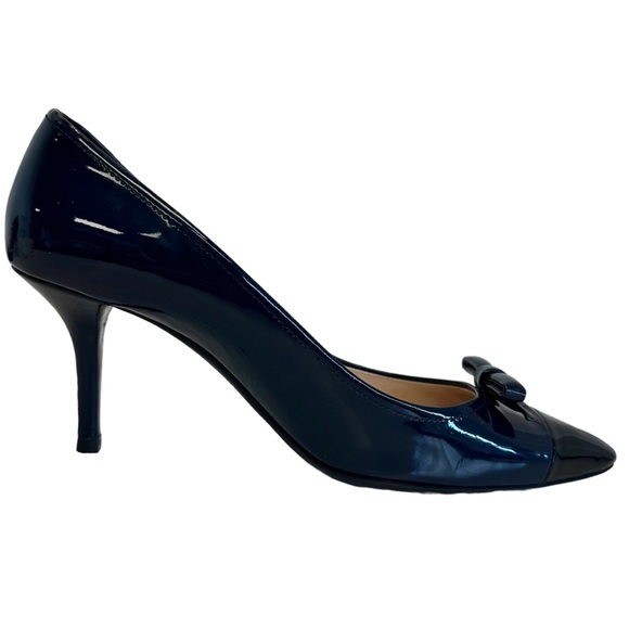 Prada Patent Leather Heels Blue Black Pointed Toe Bow Accent Size EU IT 40 US 10 - Picture 13 of 17